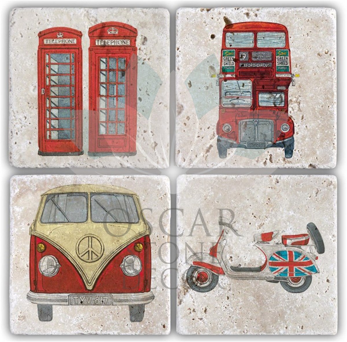 OSCAR STONE DECOR ENGLİSH İCONS 4'lü DOĞALTAŞ BARDAK ALTLIĞI / BA214 (COASTER)