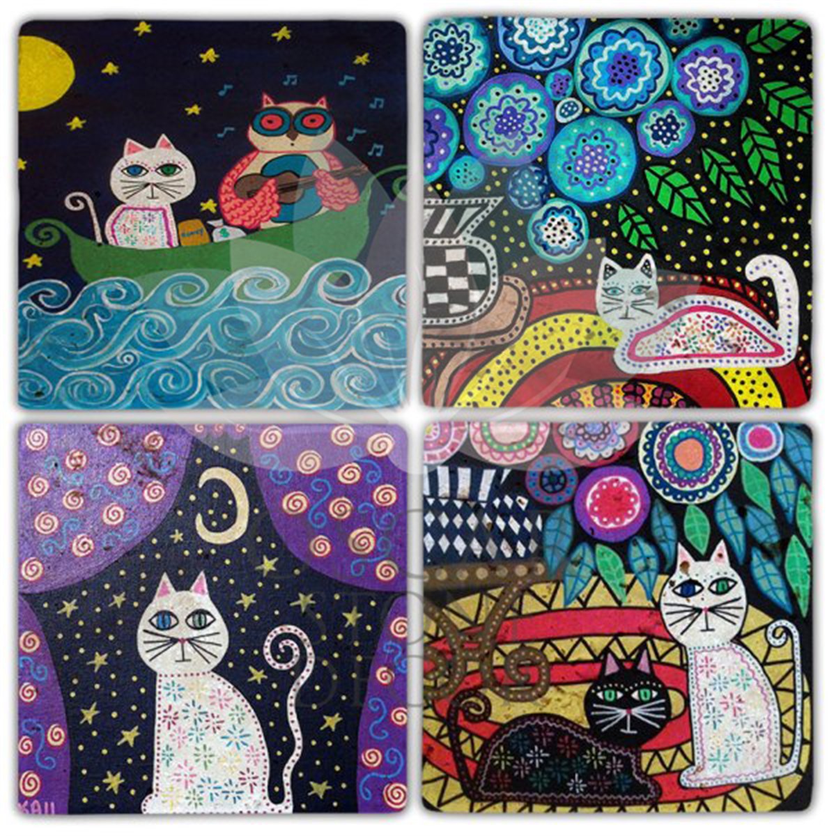 OSCAR STONE DECOR GECE KEDİSİ 4'lü DOĞALTAŞ BARDAK ALTLIĞI / BA319 (COASTER)