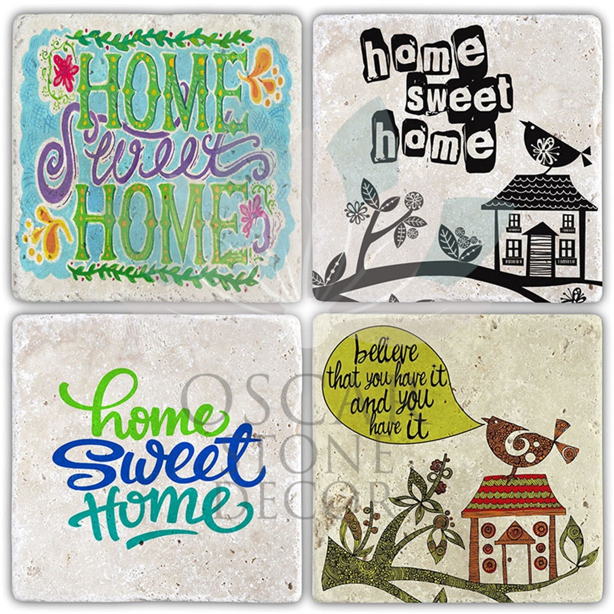 OSCAR STONE DECOR HOME SWEET HOME 4'lü DOĞALTAŞ BARDAK ALTLIĞI / BA454 (COASTER)