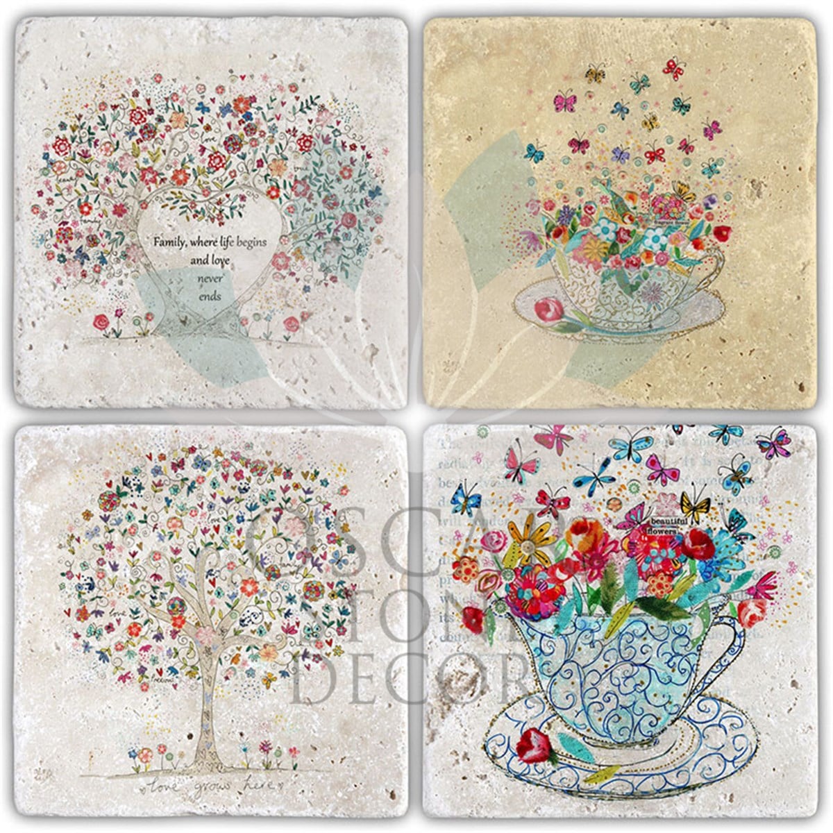 OSCAR STONE DECOR LOVE GROW HERE 4'lü DOĞALTAŞ BARDAK ALTLIĞI / BA446 (COASTER)