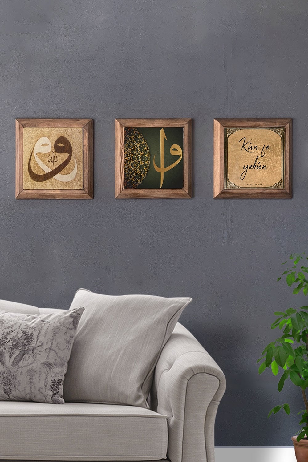 Oscar Stone Decor Masif (Ahşap) Çerçeveli 3'lü Set Taş Tablo Pano 28x28 cm Vav Elif Kun fe Yekun