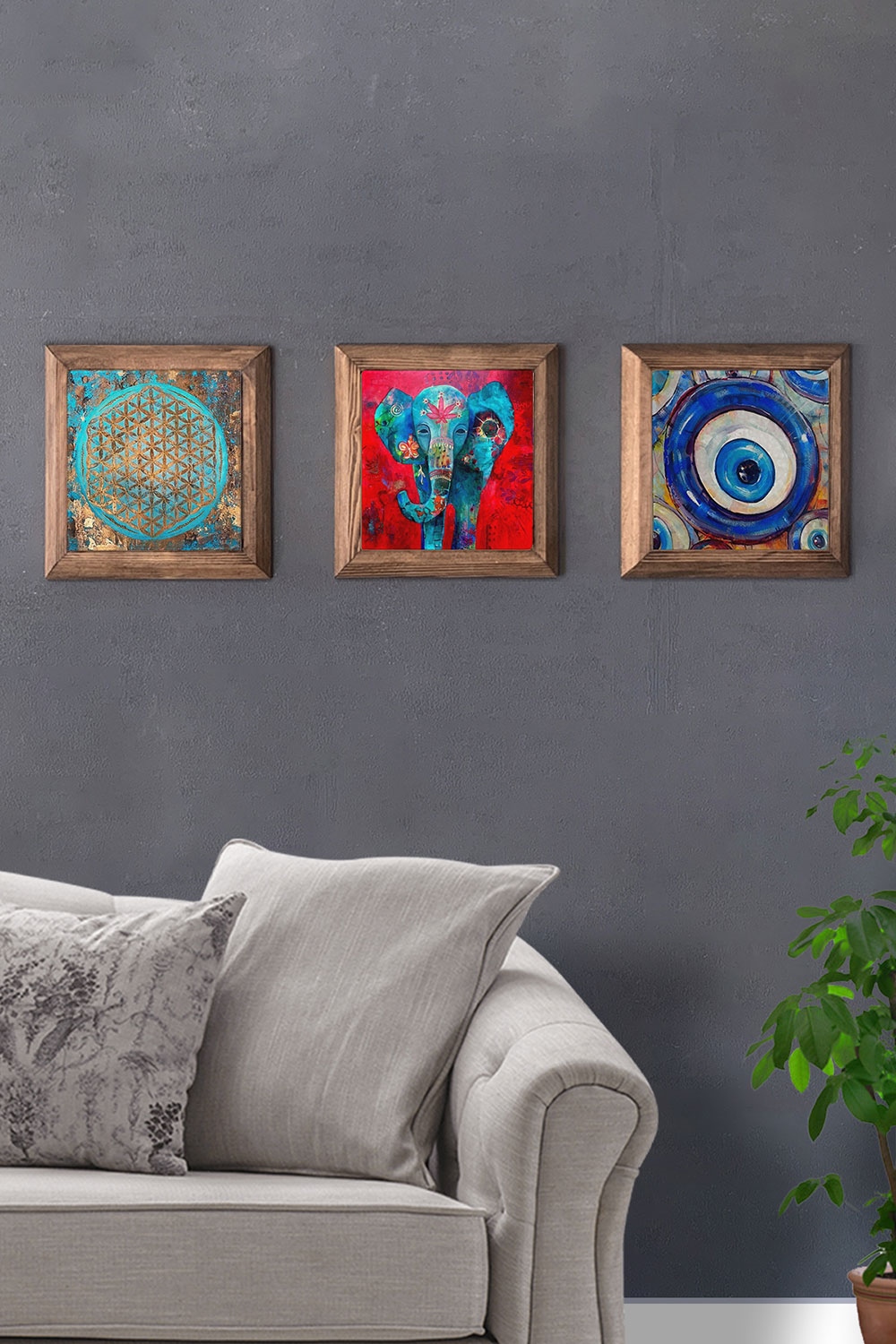 Oscar Stone Decor Masif (Ahşap) Çerçeveli 3'lü Set Taş Tablo Pano 28x28 cm Yaşam Çiçeği Fil Nazar