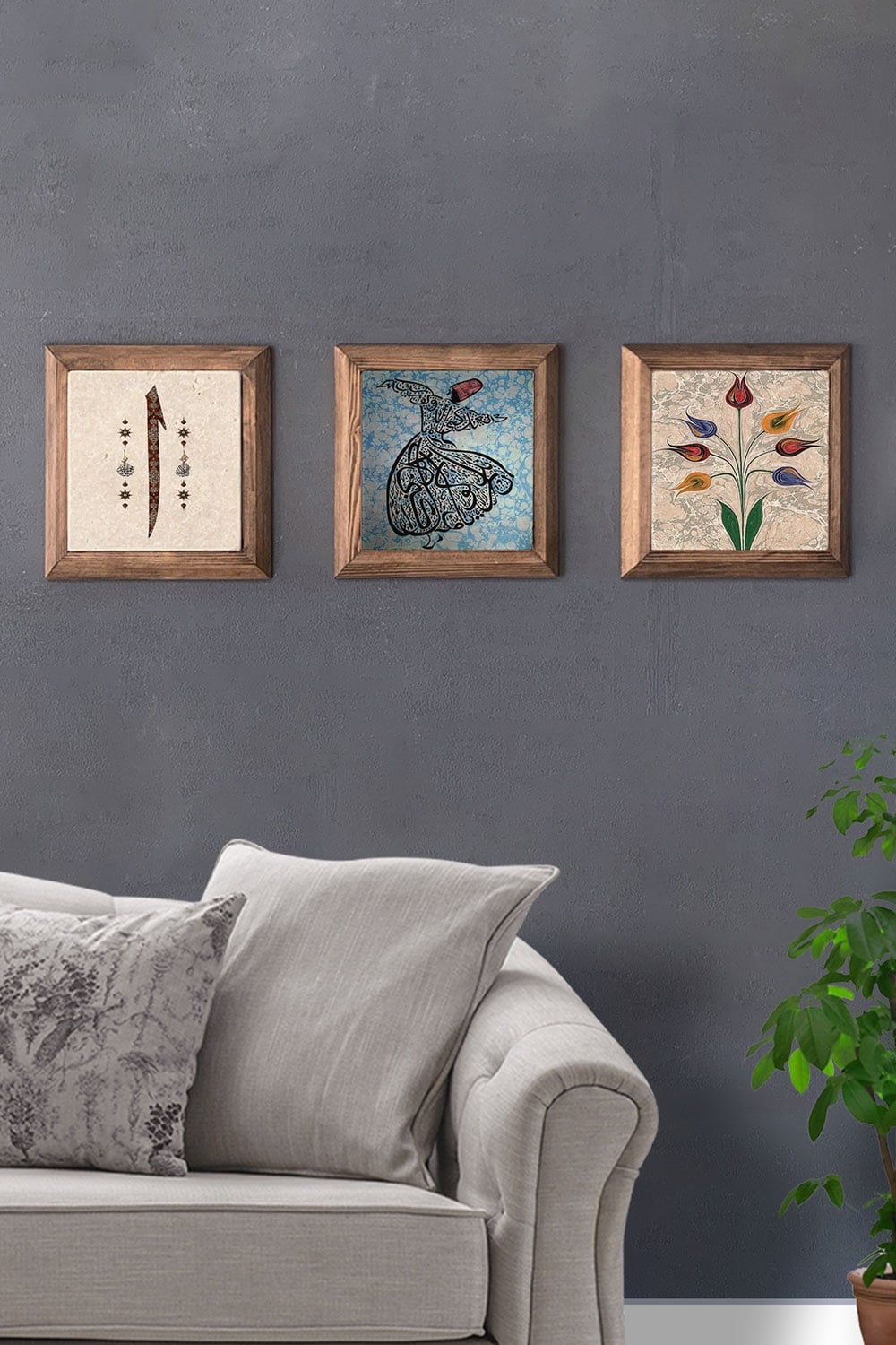 Oscar Stone Decor Masif (Ahşap) Çerçeveli 3'lü Set Taş Tablo Pano 28x28 cm Elif Semazen Ebruli