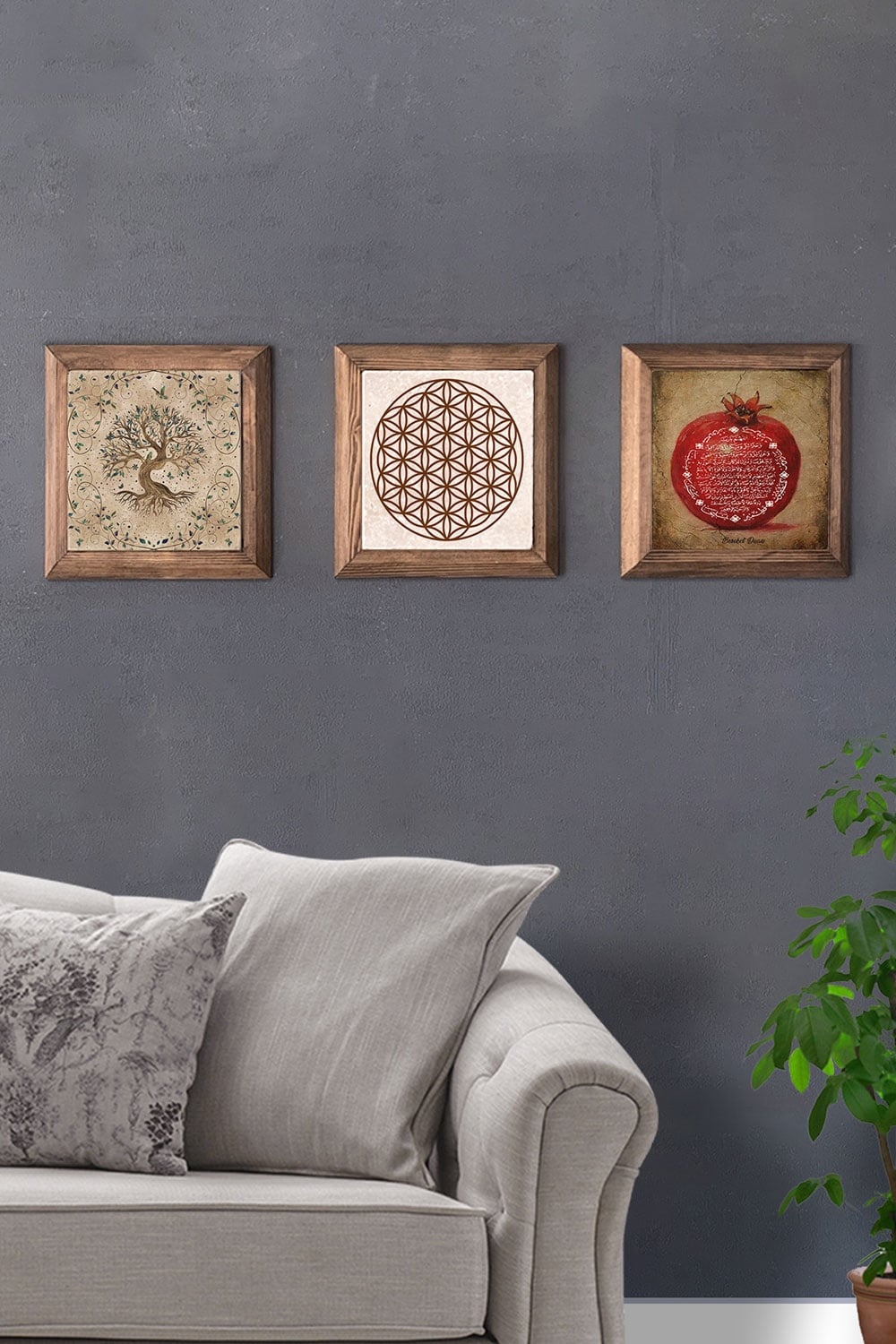 Oscar Stone Decor Masif (Ahşap) Çerçeveli 3'lü Set Taş Tablo Pano 28x28 cm Nar Duası Hayat Ağacı