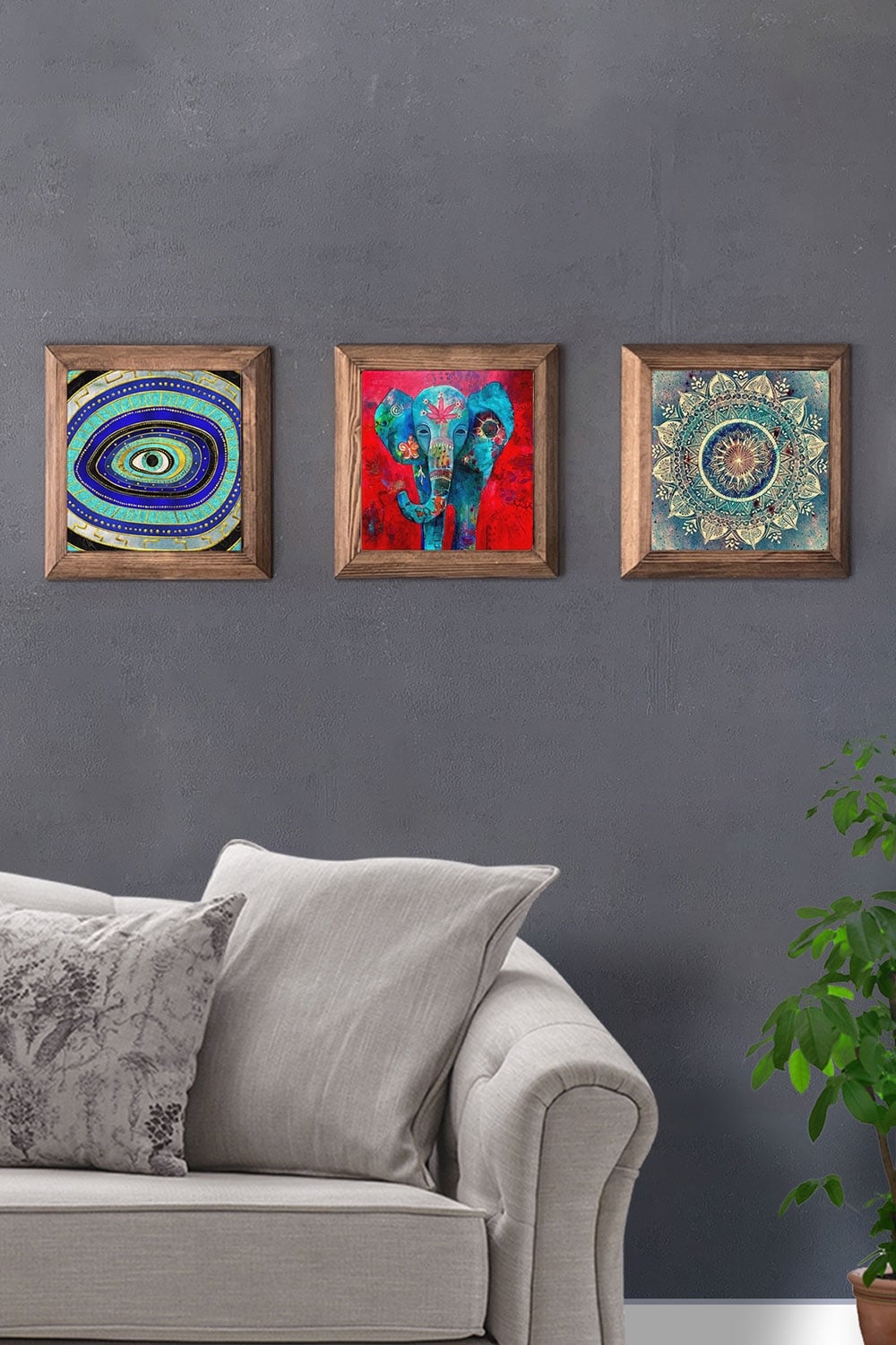 Oscar Stone Decor Masif (Ahşap) Çerçeveli 3'lü Set Taş Tablo Pano 28x28 cm Fil Nazar Göz