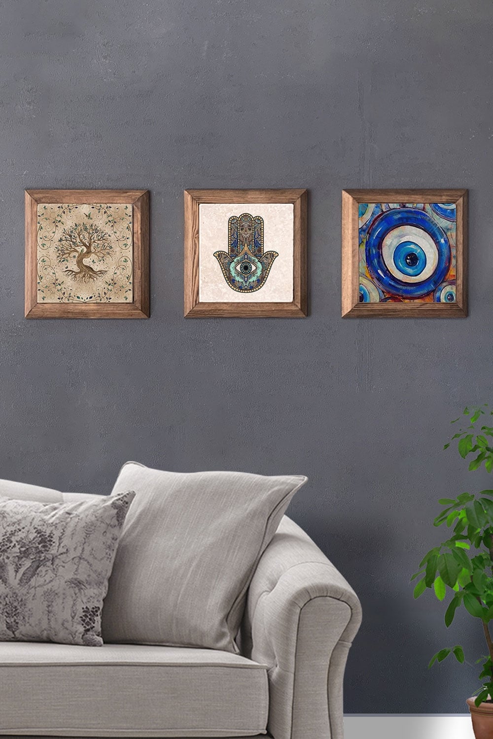 Oscar Stone Decor Masif (Ahşap) Çerçeveli 3'lü Set Taş Tablo Pano 28x28 cm Hayat Ağacı Nazar Boncuğu