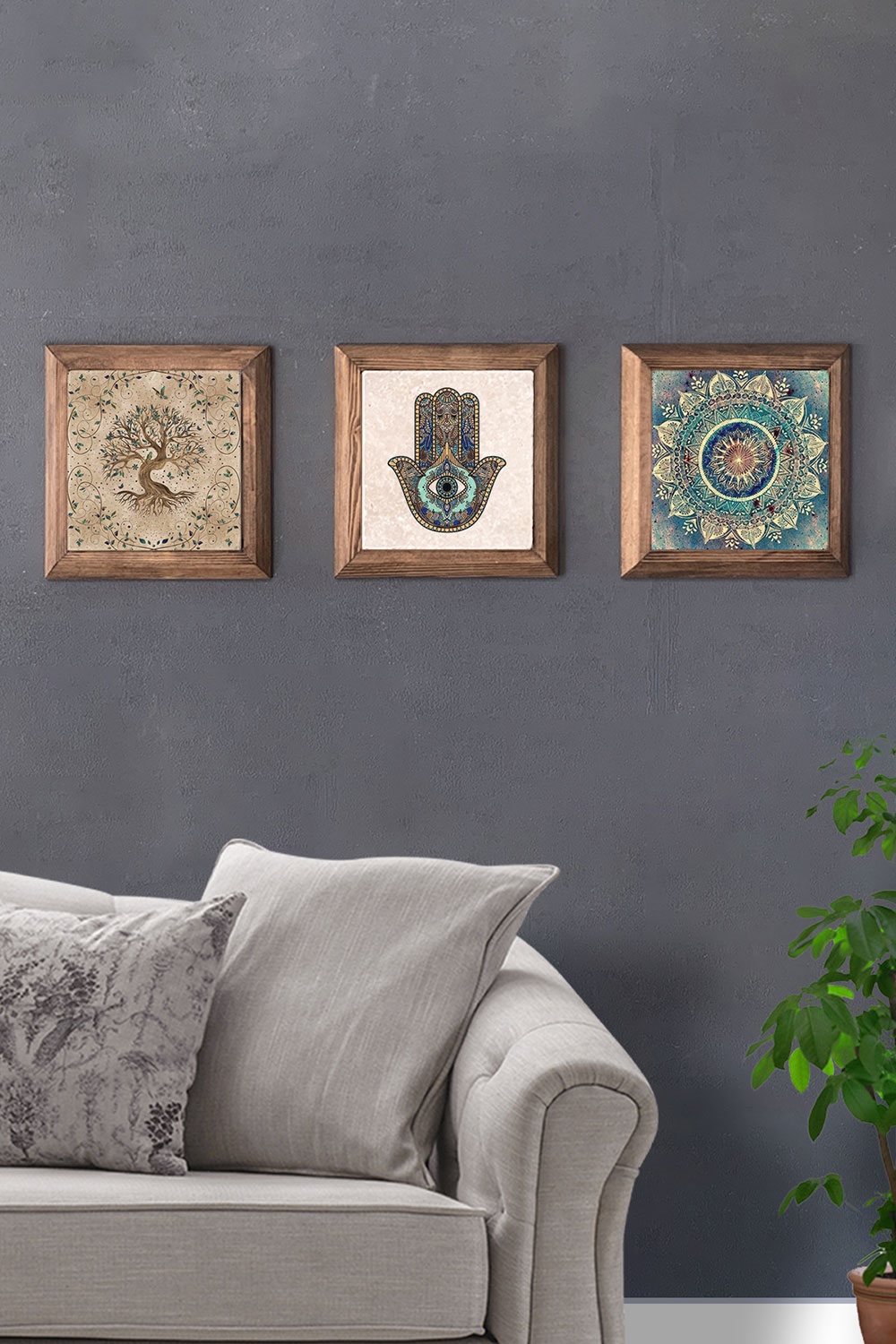 Oscar Stone Decor Masif (Ahşap) Çerçeveli 3'lü Set Taş Tablo Pano 28x28 cm Hayat Ağacı Fatma Ana Eli
