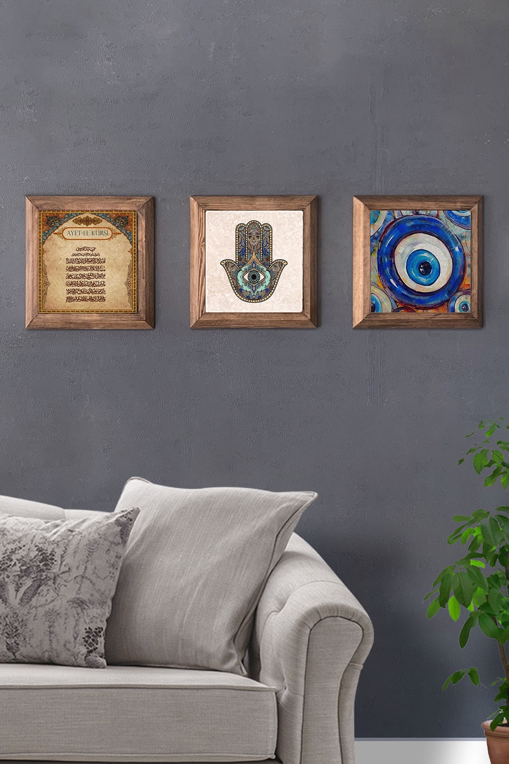 Oscar Stone Decor Masif (Ahşap) Çerçeveli 3'lü Set Taş Tablo Pano 28x28 cm Ayetel Fatma Ana Nazar