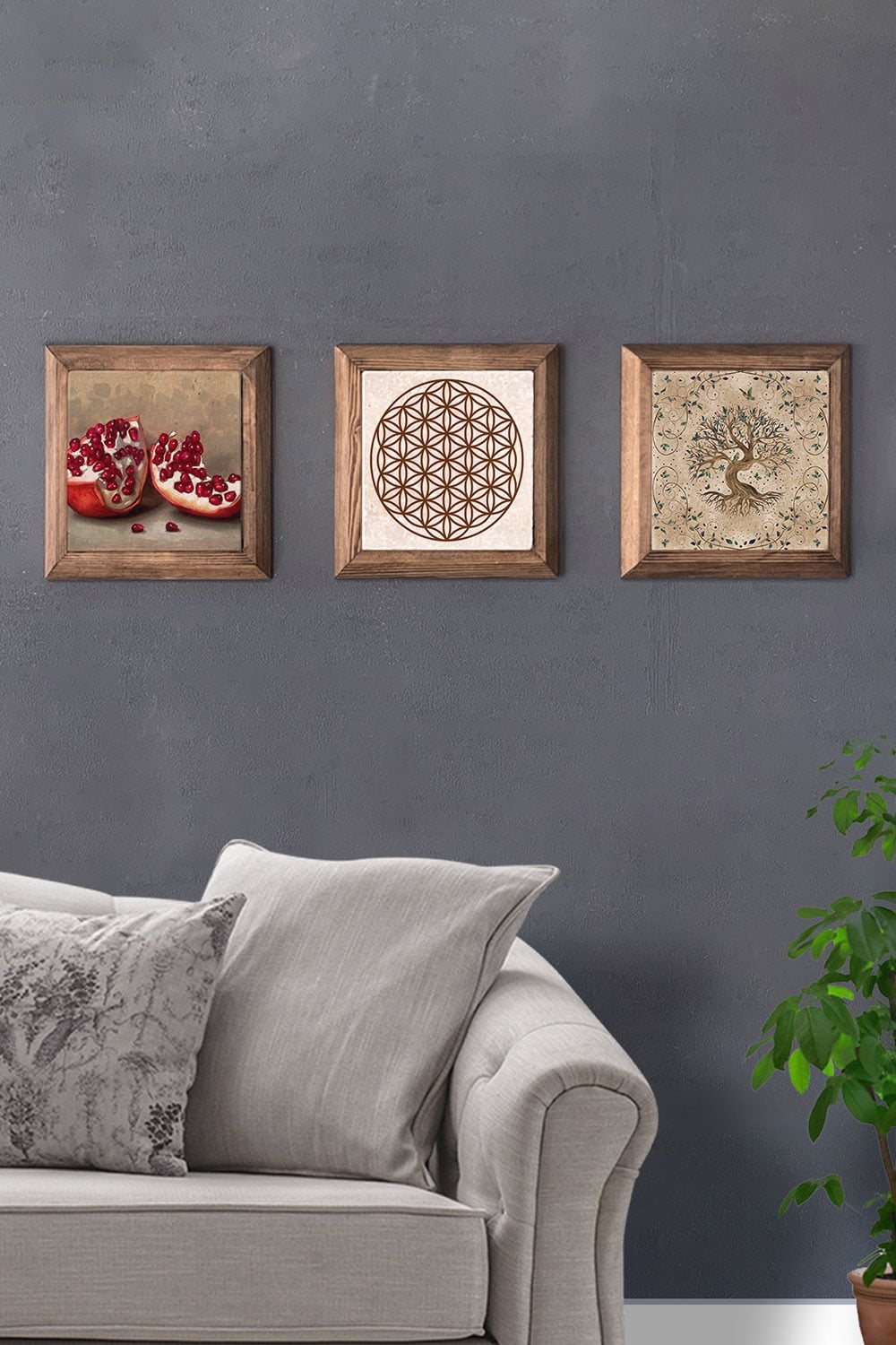Oscar Stone Decor Masif (Ahşap) Çerçeveli 3'lü Set Taş Tablo Pano 28x28 cm Hayat Ağacı Yaşam Çiçeği