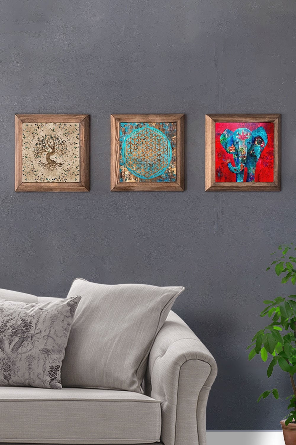 Oscar Stone Decor Masif (Ahşap) Çerçeveli 3'lü Set Taş Tablo Pano 28x28 cm Hayat Ağacı Yaşam Çiçeği