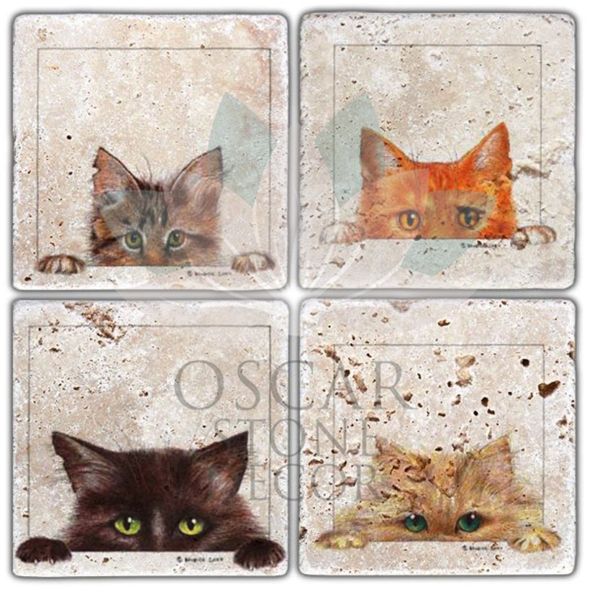 OSCAR STONE DECOR MERAKLI KEDİLER 4'lü DOĞALTAŞ BARDAK ALTLIĞI / BA222 (COASTER)