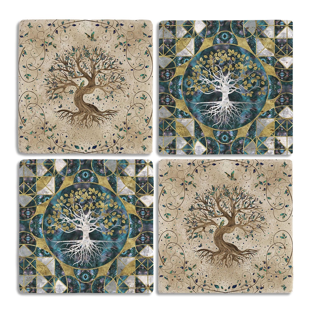 Oscar Stone Decor Taş Bardak Altlığı Stone Coasters - 4lü Set Hayat Ağacı Seti