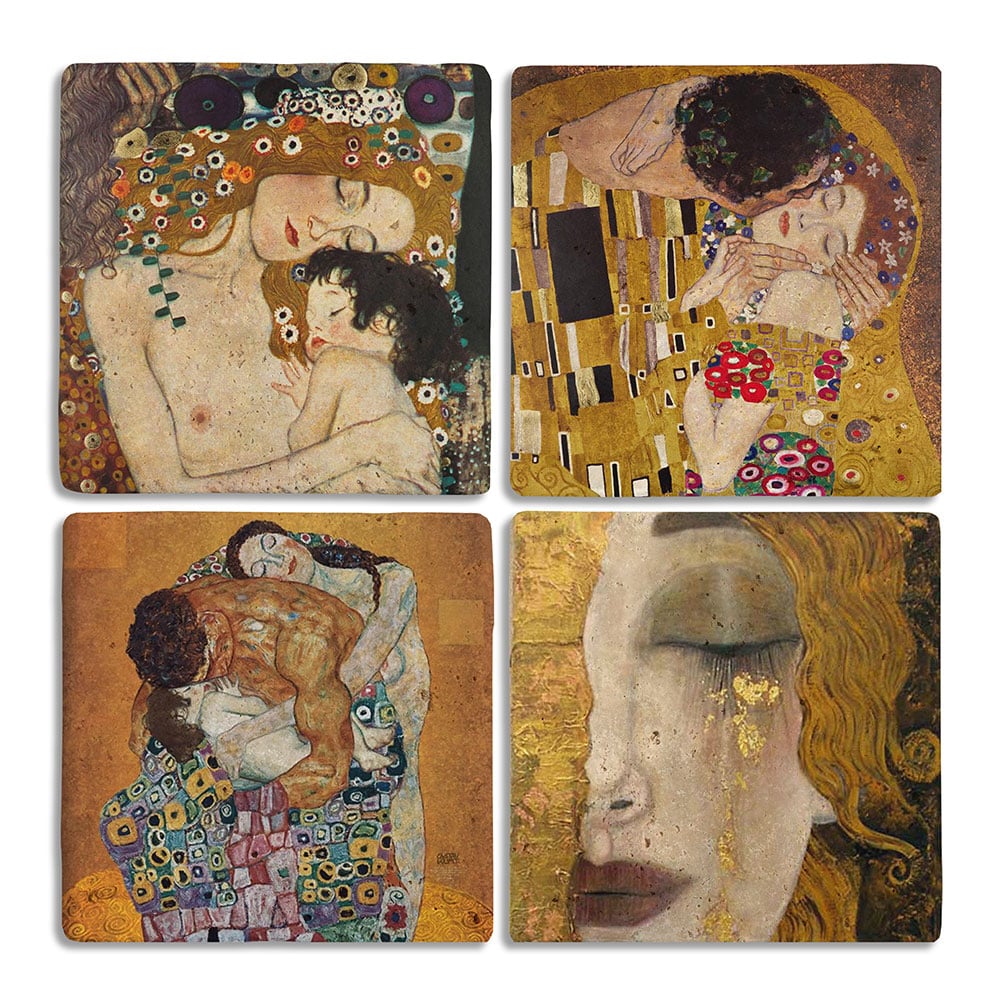 Oscar Stone Decor Taş Bardak Altlığı Stone Coasters - 4lü Set Gustav Klimt Tabloları