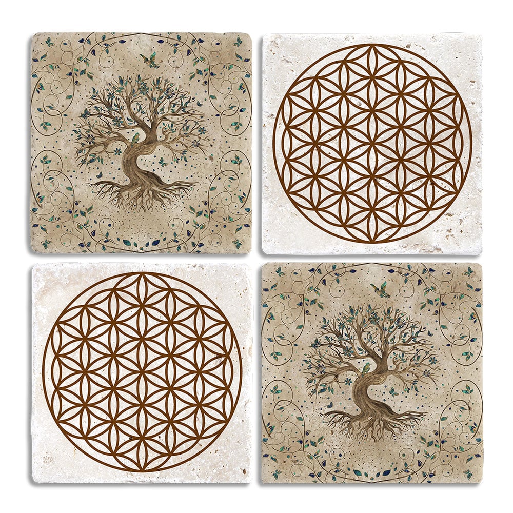 Oscar Stone Decor Taş Bardak Altlığı Stone Coasters - 4lü Set Hayat Ağacı Yaşam Çiçeği Seti