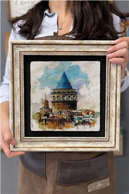 Oscar Stone Decor Çerçeveli Tablo Taş Duvar Dekoru 30 X 30 Cm Galata Kulesi Suluboya Çizim