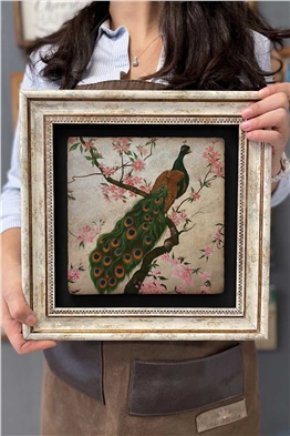 Oscar Stone Decor Çerçeveli Tablo Taş Duvar Dekoru 30 X 30 Cm Tavus Kuşu Pembe Çiçekler