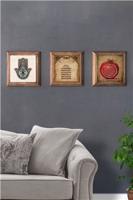 Oscar Stone Decor Masif (Ahşap) Çerçeveli 3'lü Set Taş Tablo Pano 28x28 cm Fatma Ana Ayetel Nar Dua