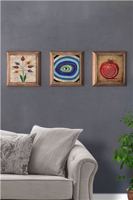 Oscar Stone Decor Masif (Ahşap) Çerçeveli 3'lü Set Taş Tablo Pano 28x28 cm Ebruli Nazar Göz Nar Dua