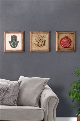 Oscar Stone Decor Masif (Ahşap) Çerçeveli 3'lü Set Taş Tablo Pano 28x28 cm Fatma Ana Allah Nar Dua