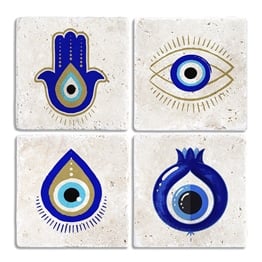 Oscar Stone Decor Taş Bardak Altlığı Stone Coasters - 4 LÜ SET (10 cmx10 cm) Nazar Boncuğu