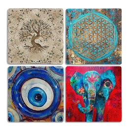 Oscar Stone Decor Taş Bardak Altlığı Stone Coasters - 4lü Set Hayat Ağacı Fil Yaşam Çiçeği