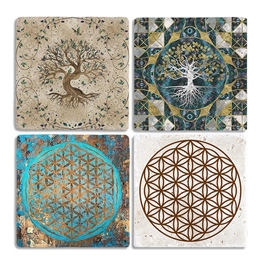 Oscar Stone Decor Taş Bardak Altlığı Stone Coasters - 4lü Set Hayat Ağacı ve Yaşam Çiçeği