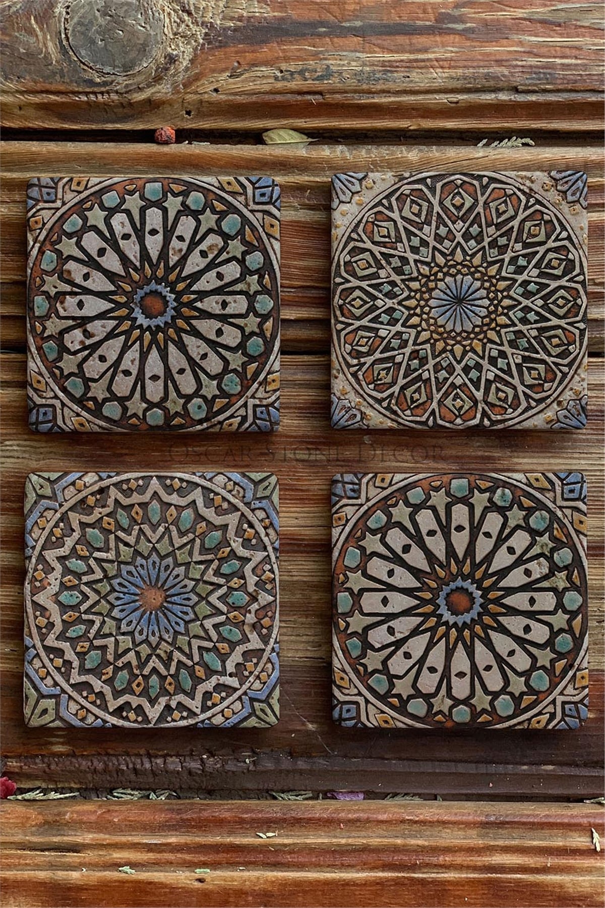 Baskılı Doğaltaş Bardak Altlığı 4'lü Set Desen Tile -OSCAR STONE DECOR COASTER SET