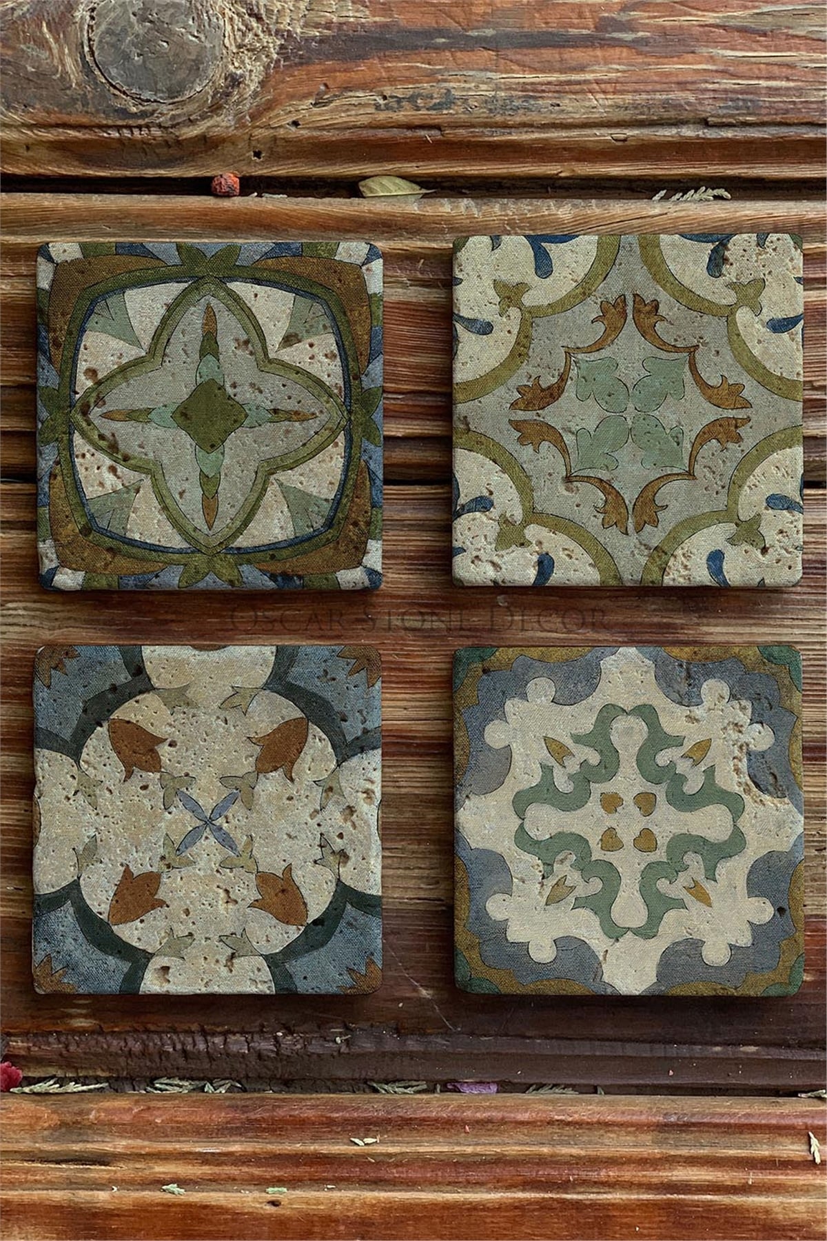 Baskılı Doğaltaş Bardak Altlığı 4'lü Set Desen Tile -OSCAR STONE DECOR COASTER SET