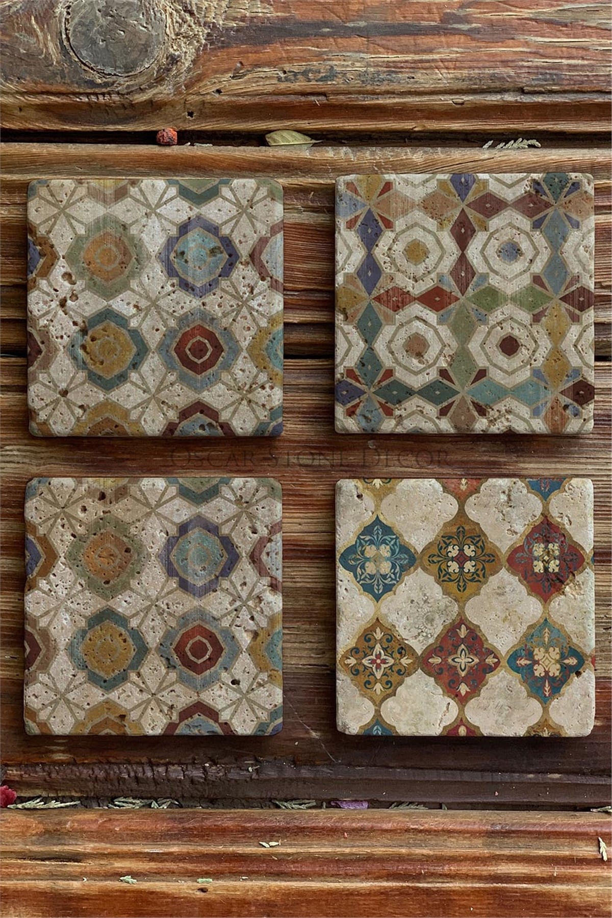 Baskılı Doğaltaş Bardak Altlığı 4'lü Set Desen Tile -OSCAR STONE DECOR COASTER SET