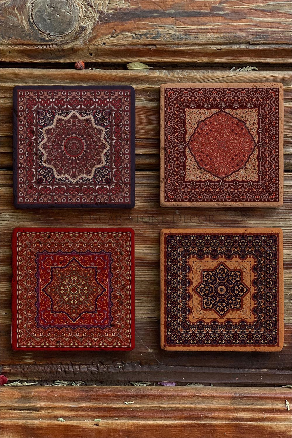 Baskılı Doğaltaş Bardak Altlığı 4'lü Set Desen Tile -OSCAR STONE DECOR COASTER SET
