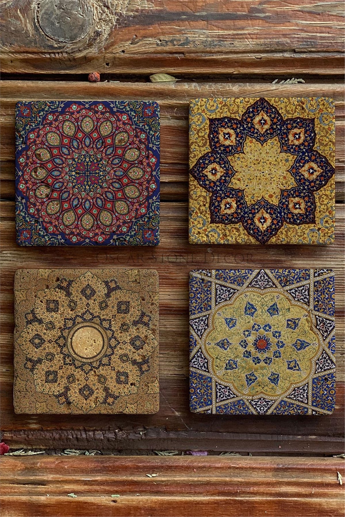 Baskılı Doğaltaş Bardak Altlığı 4'lü Set Desen Tile -OSCAR STONE DECOR COASTER SET