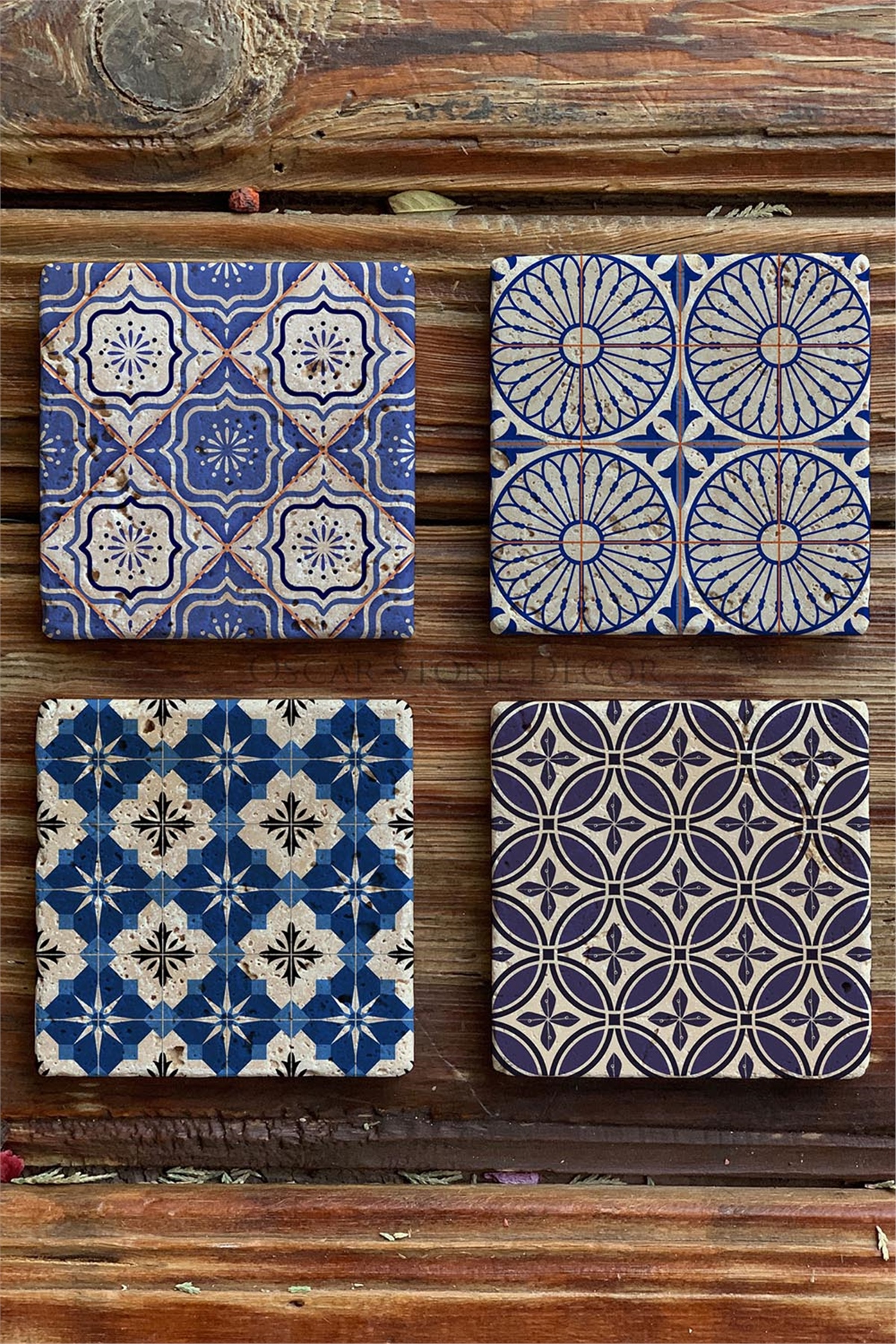 Baskılı Doğaltaş Bardak Altlığı 4'lü Set Desen Tile -OSCAR STONE DECOR COASTER SET
