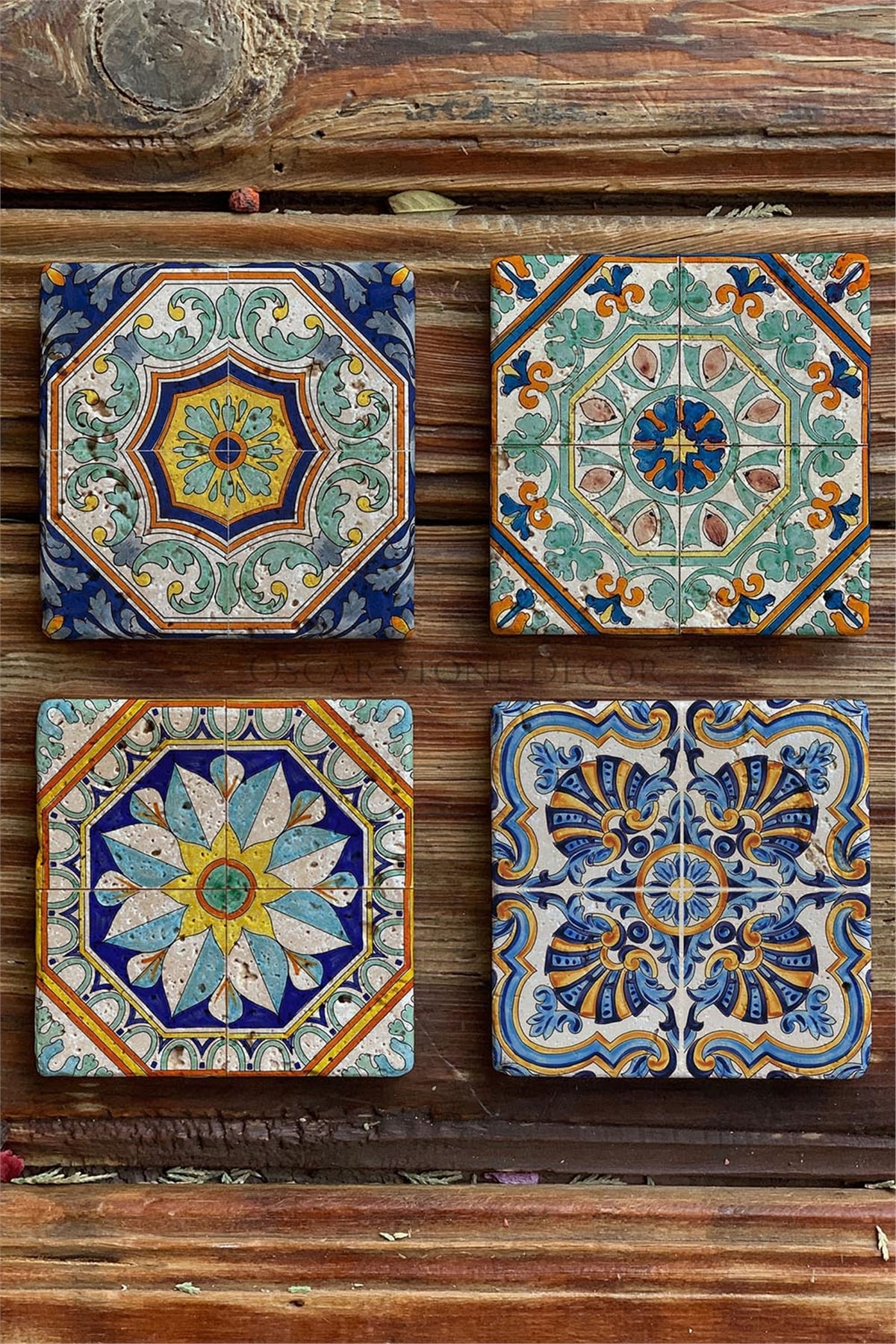 Baskılı Doğaltaş Bardak Altlığı 4'lü Set Desen Tile -OSCAR STONE DECOR COASTER SET
