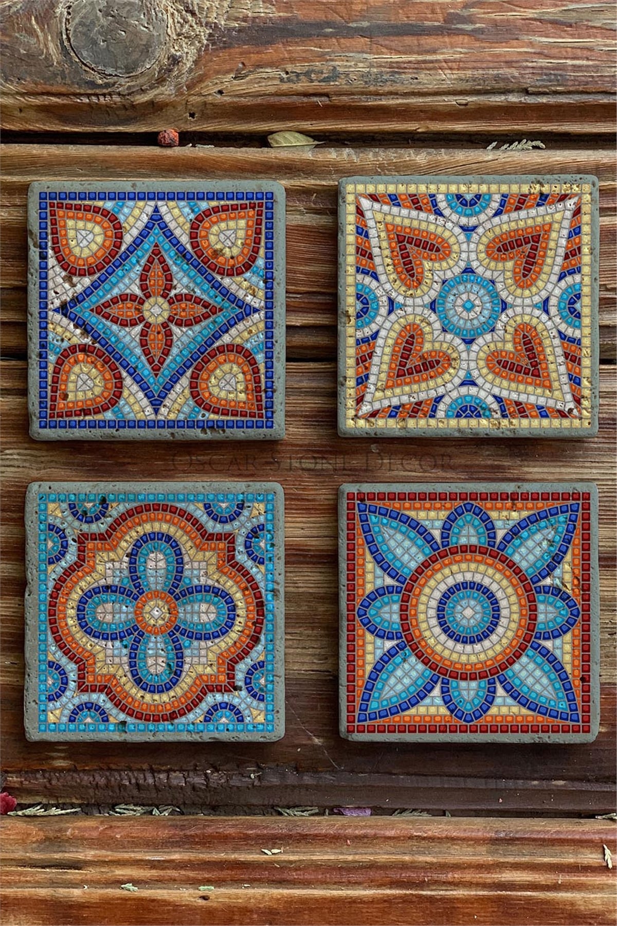 Baskılı Doğaltaş Bardak Altlığı 4'lü Set Desen Tile -OSCAR STONE DECOR COASTER SET