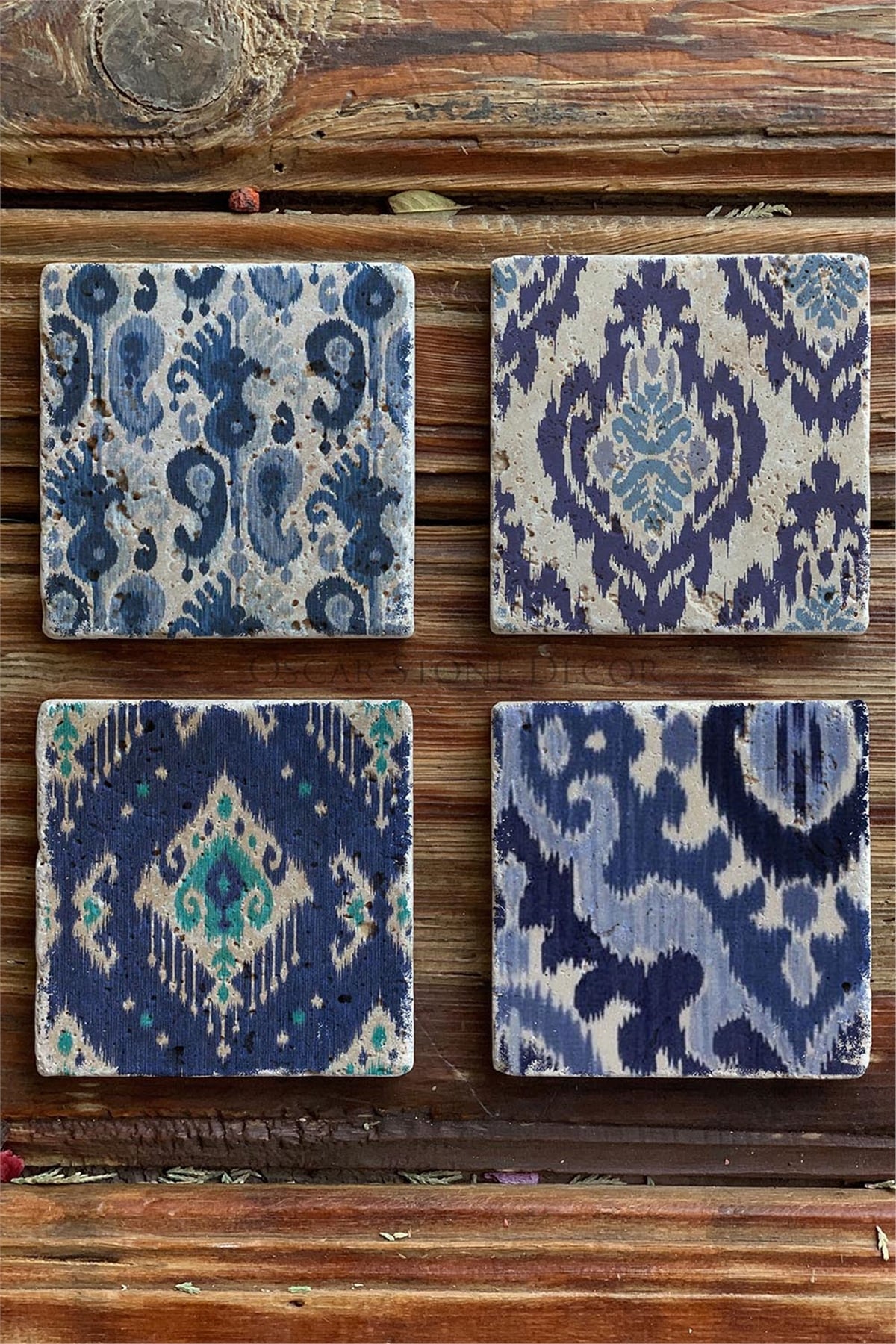 Baskılı Doğaltaş Bardak Altlığı 4'lü Set Desen Tile -Oscar Stone Decor