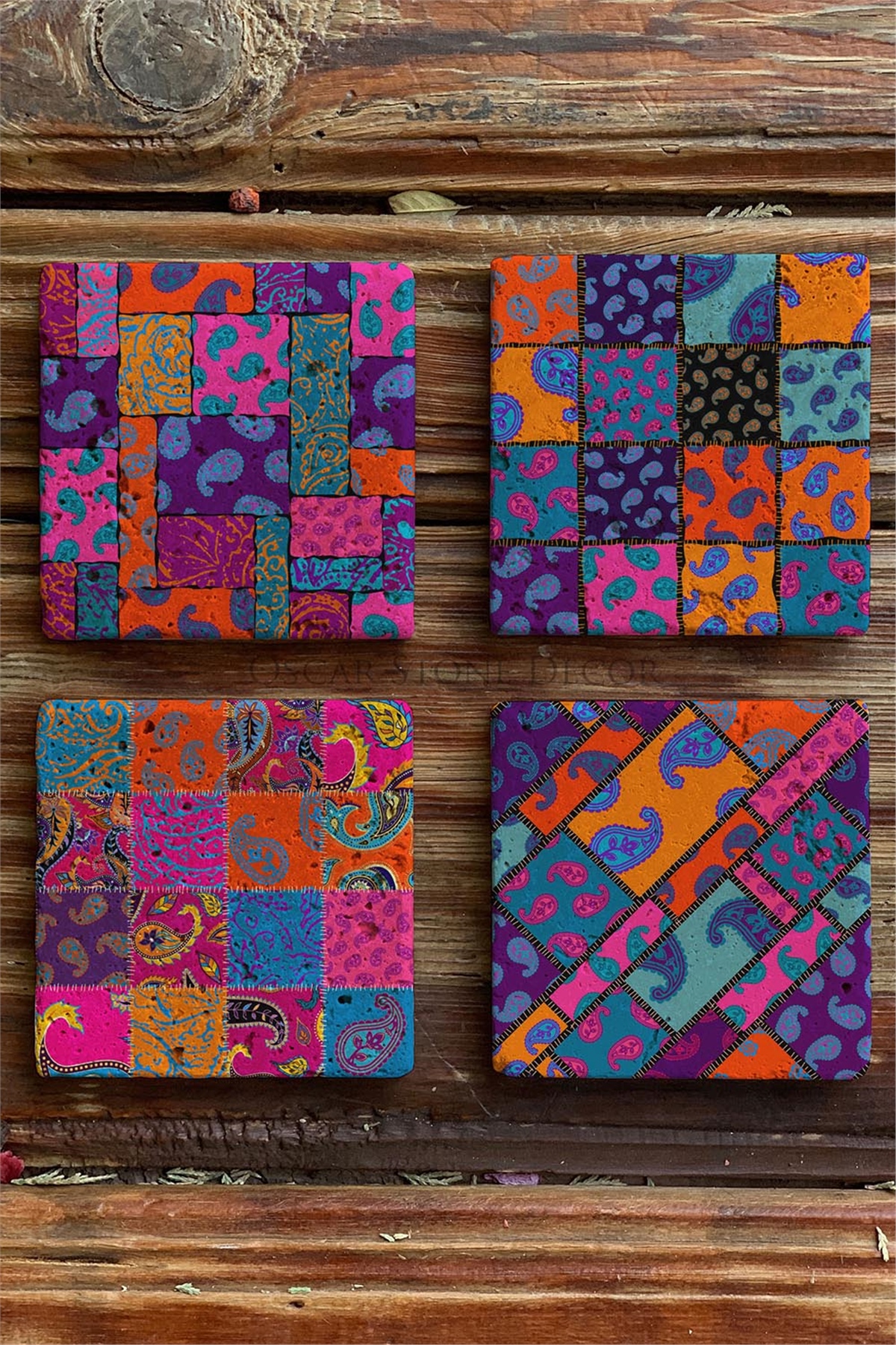 Baskılı Doğaltaş Bardak Altlığı 4'lü Set Desen Tile -OSCAR STONE DECOR COASTER SET