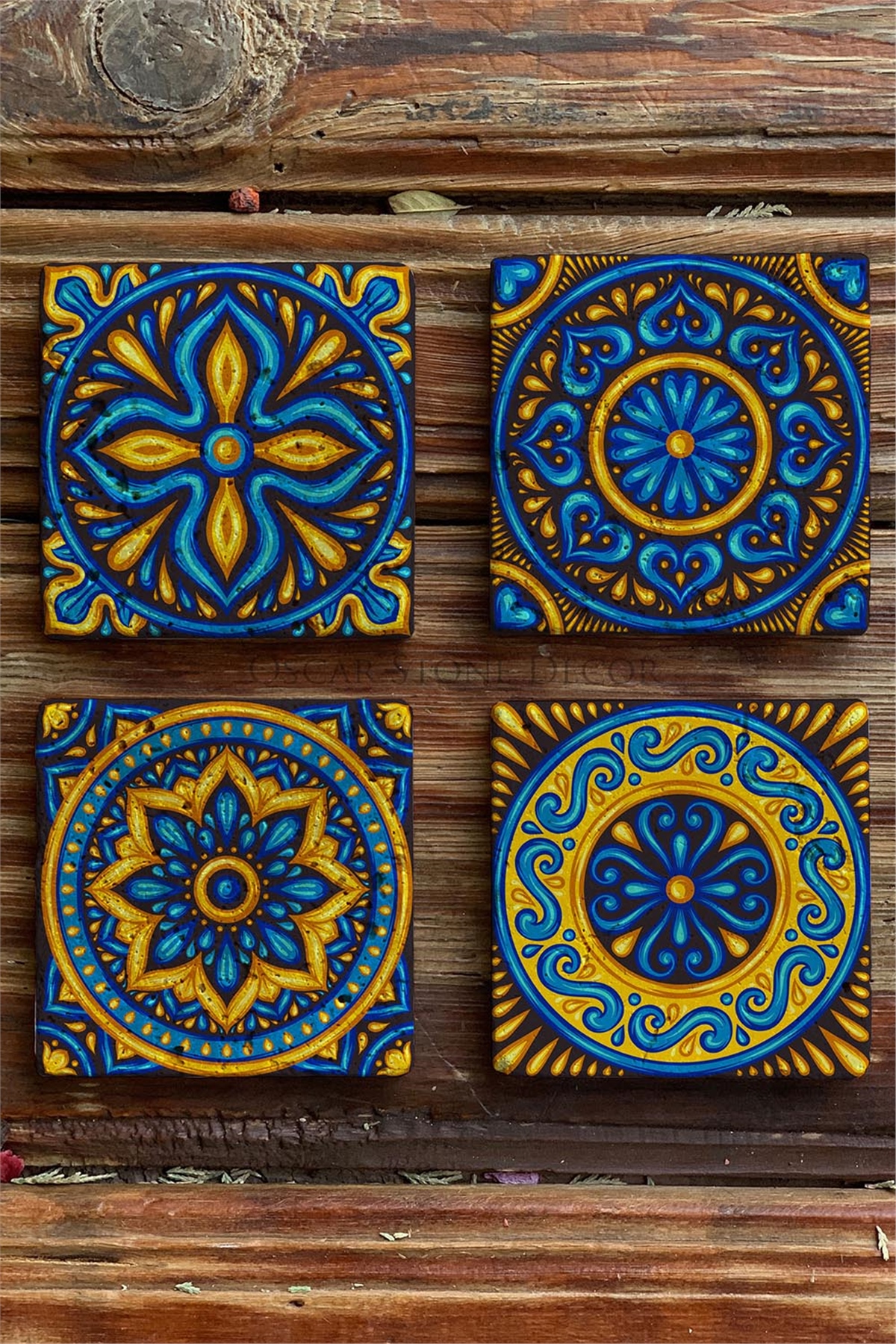 Baskılı Doğaltaş Bardak Altlığı 4'lü Set Desen Tile -OSCAR STONE DECOR COASTER SET