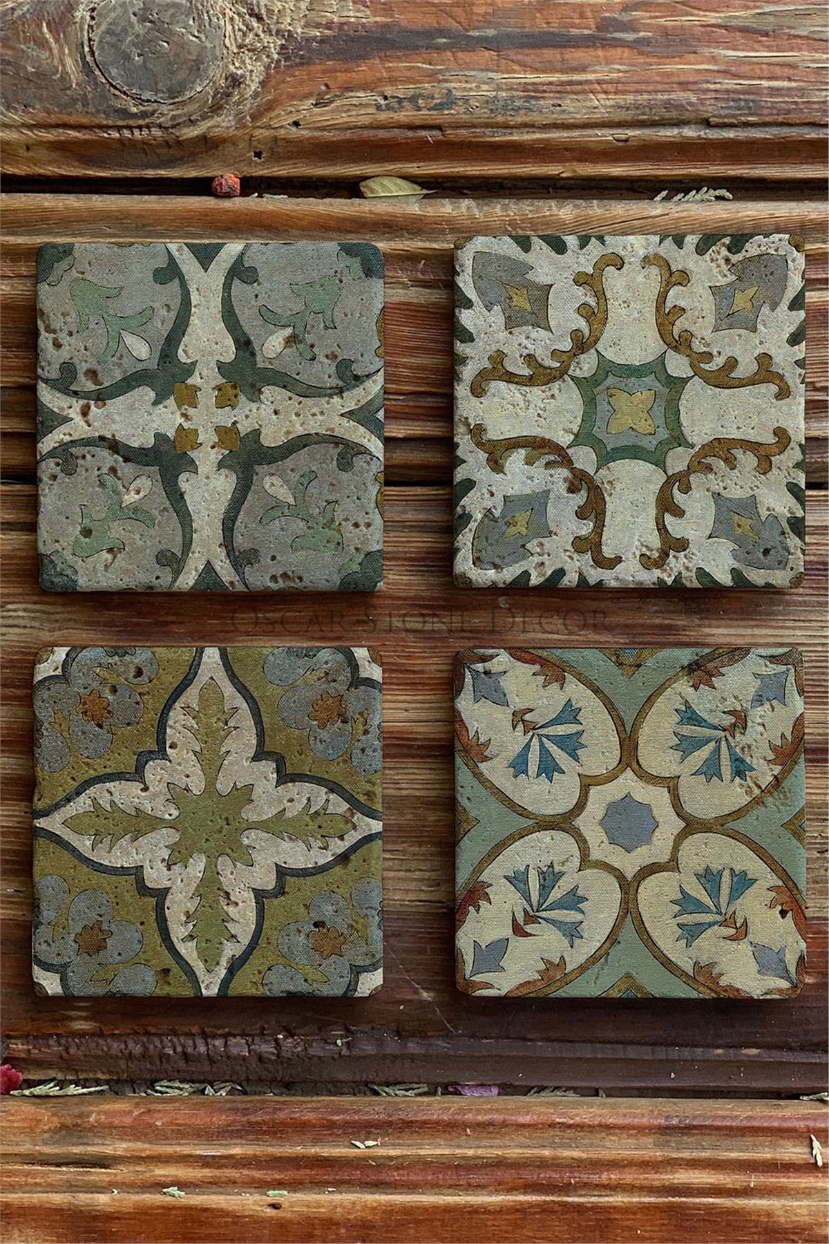 Baskılı Doğaltaş Bardak Altlığı 4'lü Set Desen Tile -OSCAR STONE DECOR COASTER SET