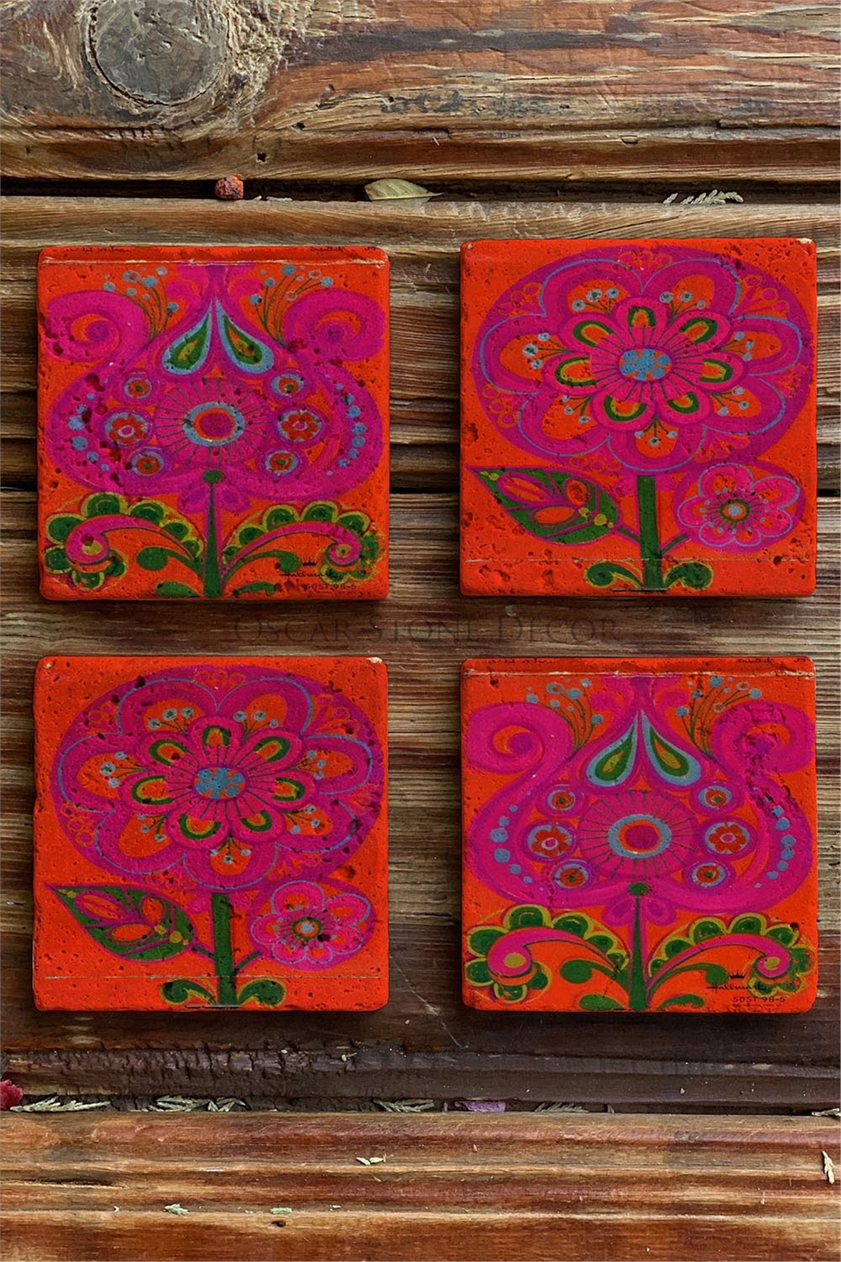 Baskılı Doğaltaş Bardak Altlığı 4'lü Set Desen Tile -OSCAR STONE DECOR COASTER SET