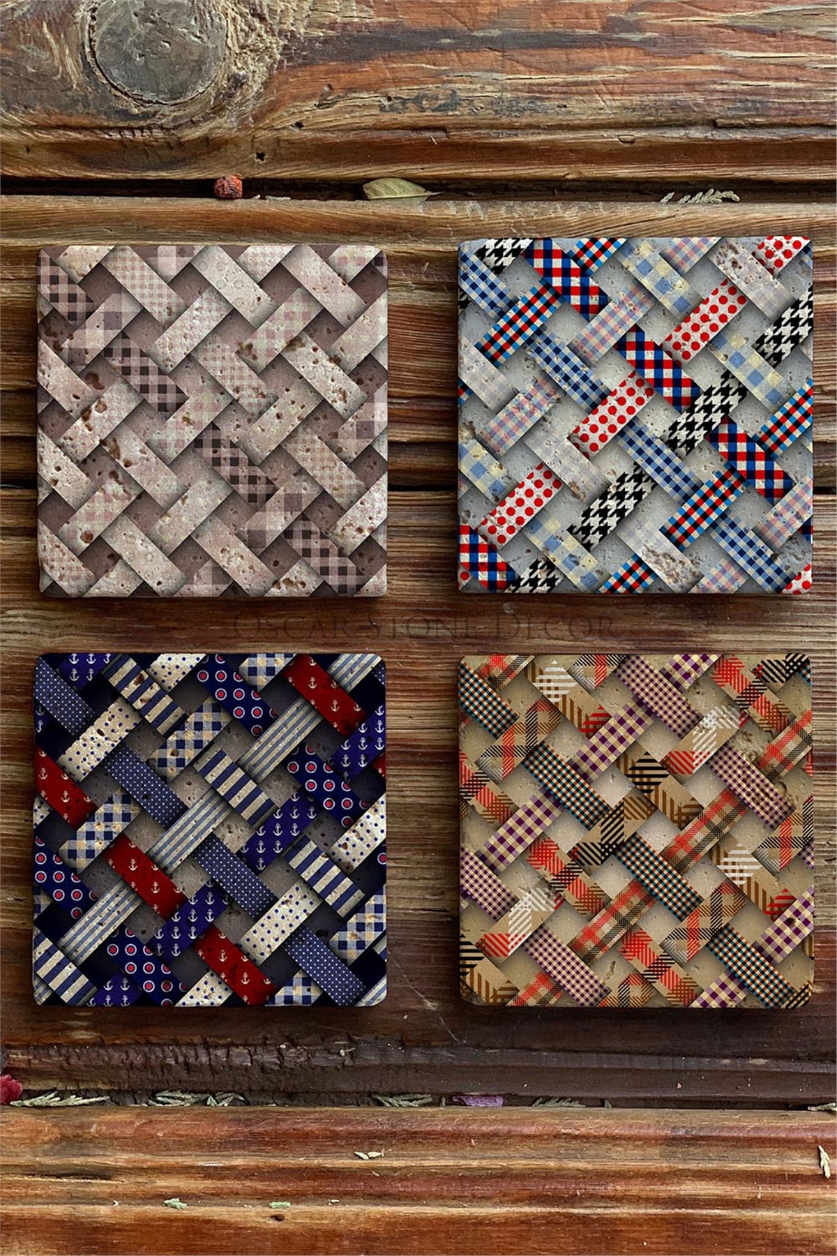 Baskılı Doğaltaş Bardak Altlığı 4'lü Set Desen Tile -OSCAR STONE DECOR COASTER SET