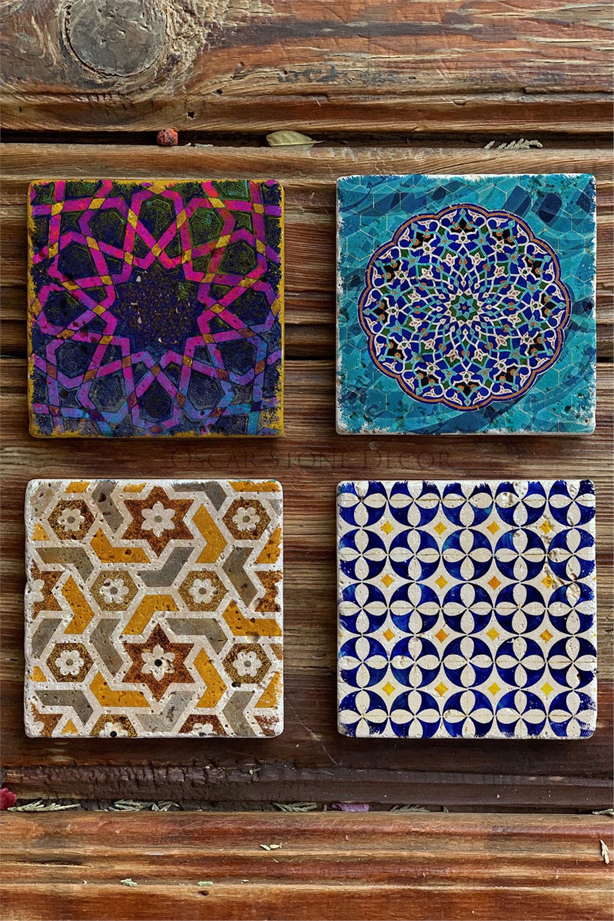Baskılı Doğaltaş Bardak Altlığı 4'lü Set Desen Tile -OSCAR STONE DECOR COASTER SET