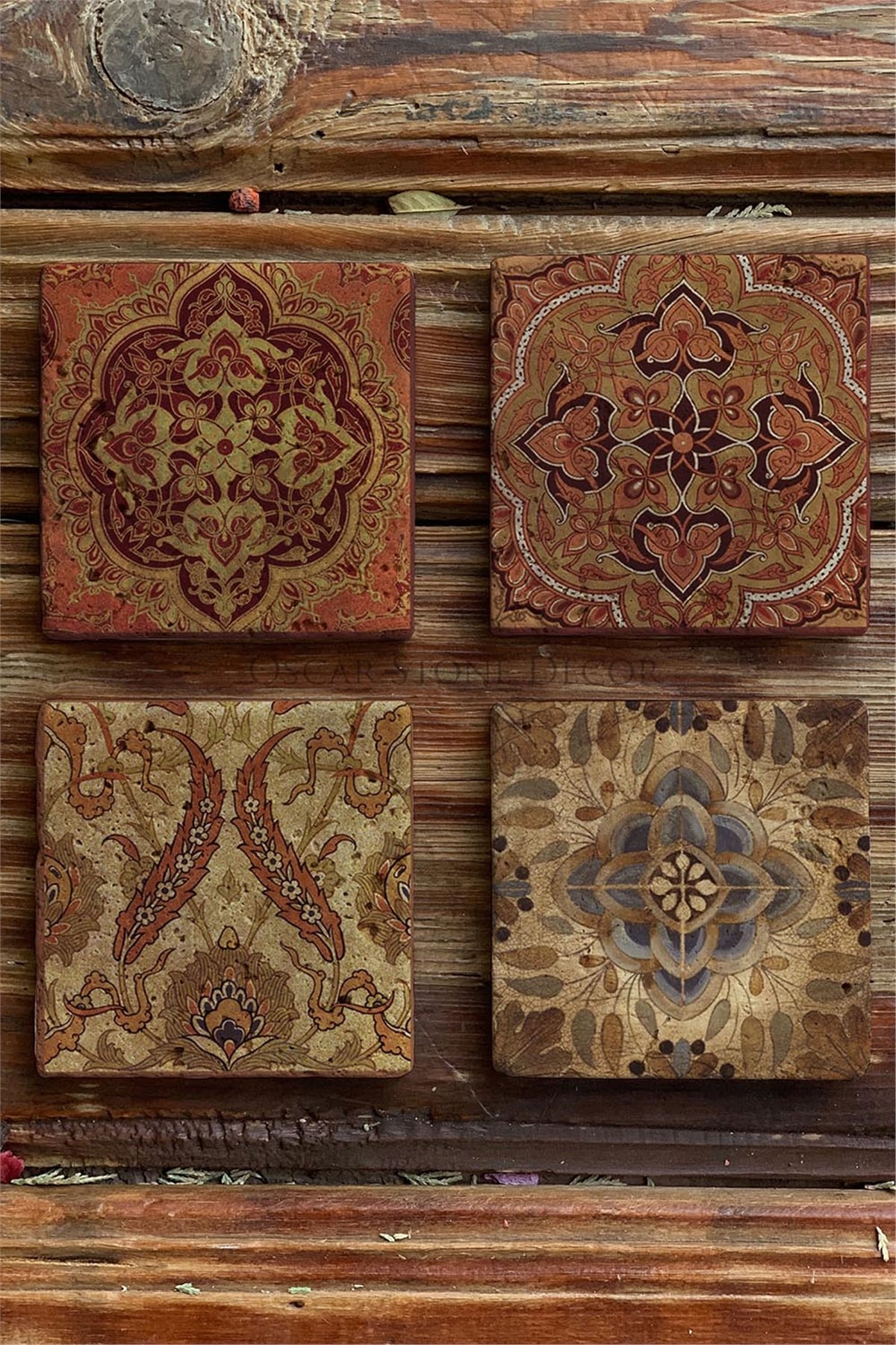Baskılı Doğaltaş Bardak Altlığı 4'lü Set Desen Tile -OSCAR STONE DECOR COASTER SET