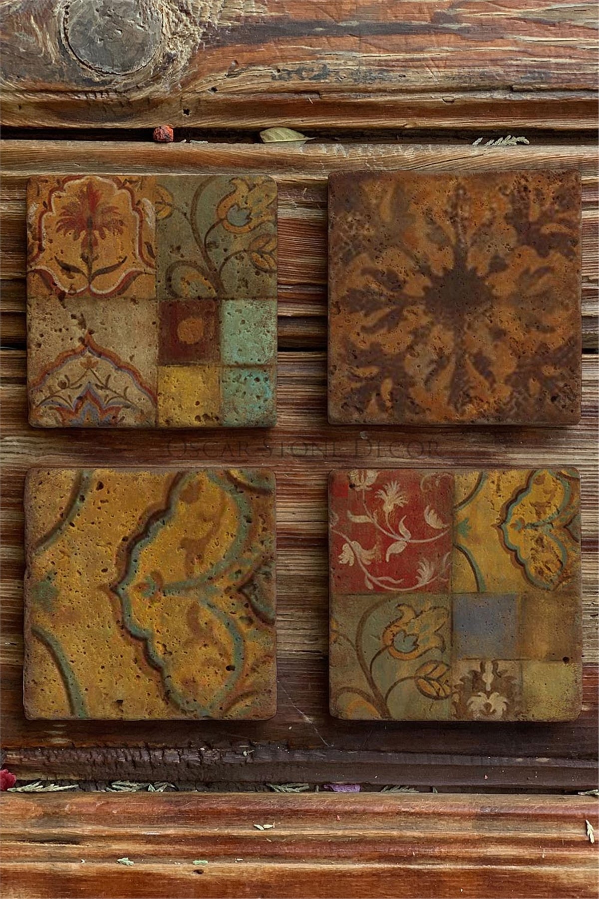 Baskılı Doğaltaş Bardak Altlığı 4'lü Set Desen Tile -OSCAR STONE DECOR COASTER SET