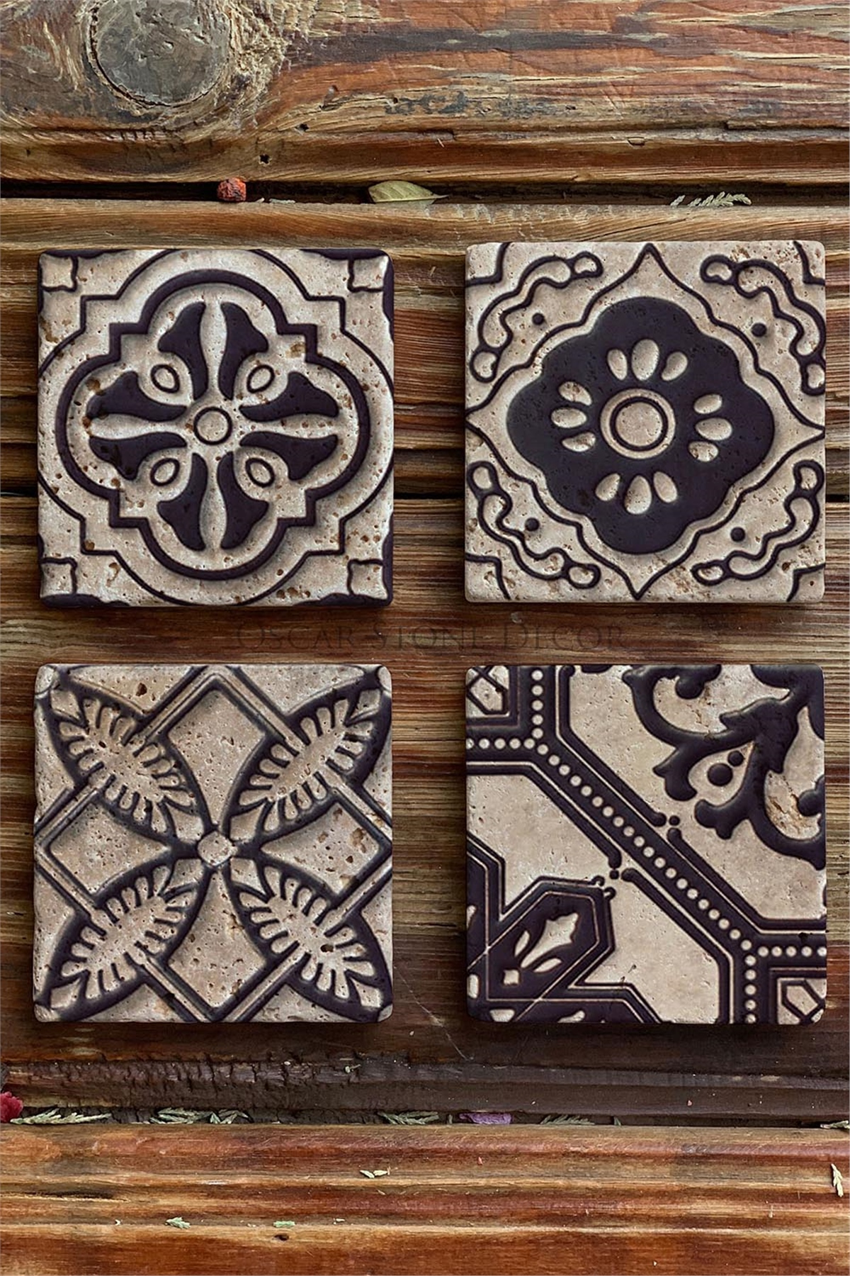 Baskılı Doğaltaş Bardak Altlığı 4'lü Set Desen Tile -OSCAR STONE DECOR COASTER SET