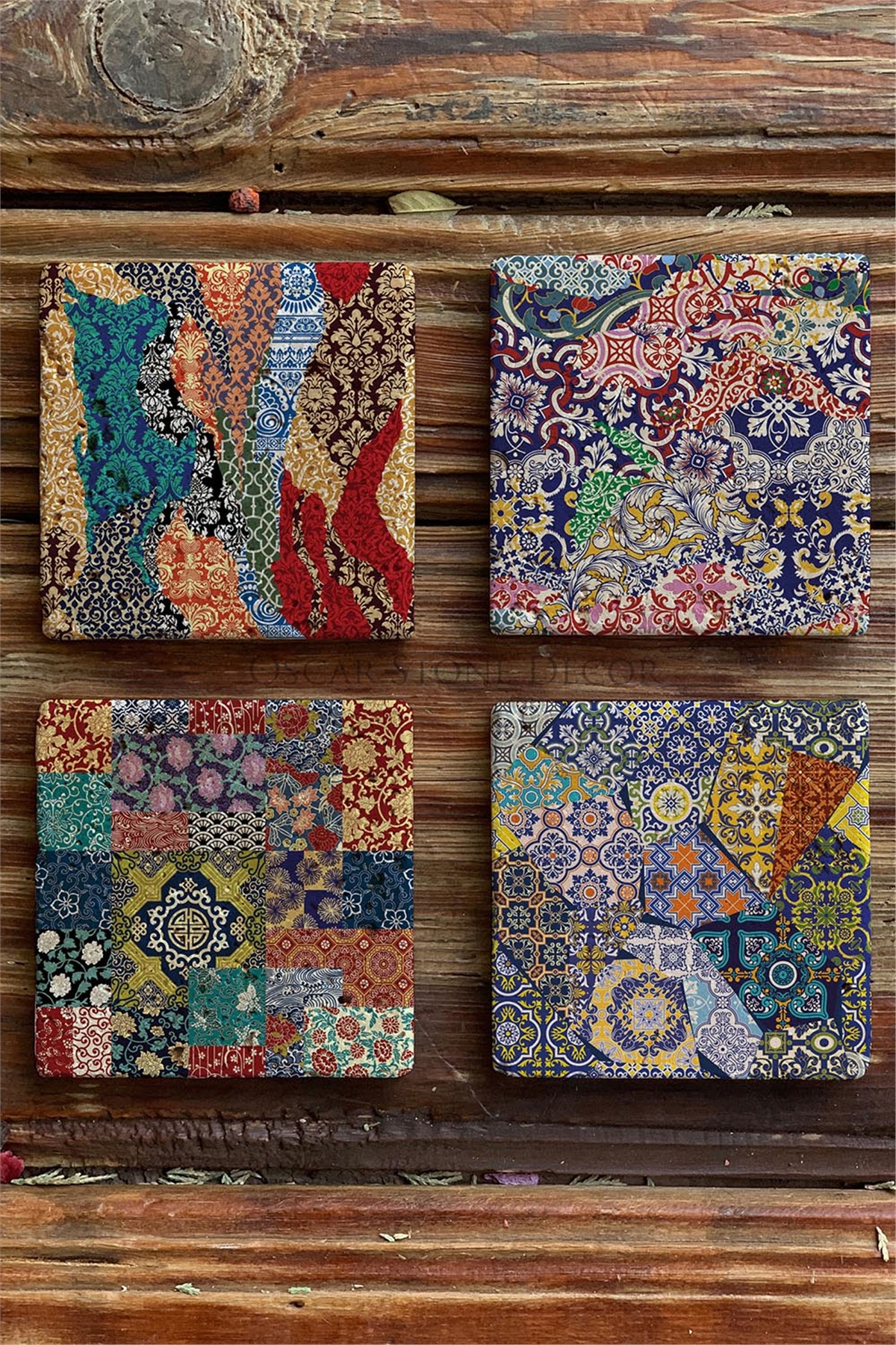 Desen Baskılı Doğaltaş Bardak Altlığı 4'lü Set Tile -OSCAR STONE DECOR COASTER SET