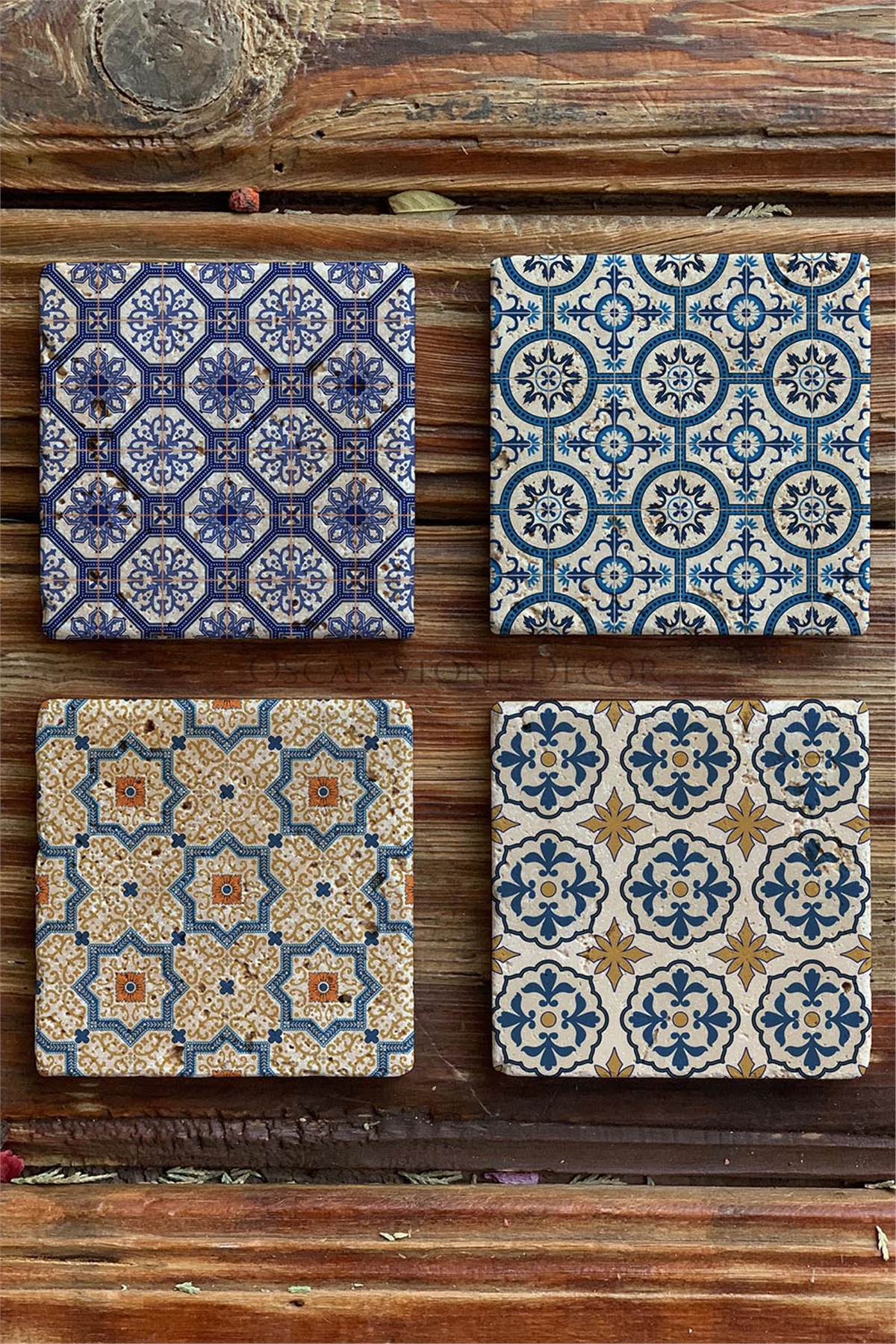 Desen Baskılı Doğaltaş Bardak Altlığı 4'lü Set Tile -OSCAR STONE DECOR COASTER SET
