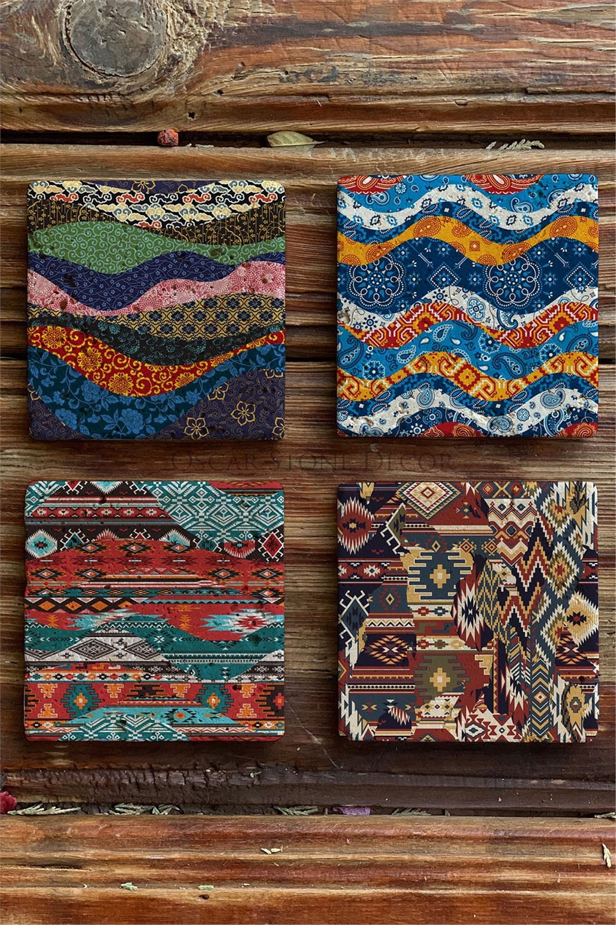 Desen Baskılı Doğaltaş Bardak Altlığı 4'lü Set Tile -OSCAR STONE DECOR COASTER SET