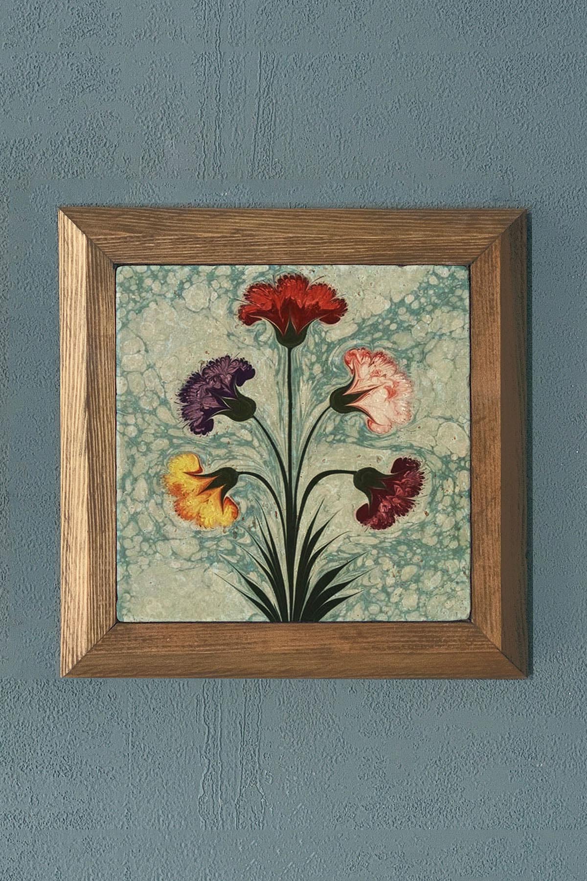 EBRULİ ÇİÇEK ÇALIŞMASI-Masif Çerçeveli Taş Tablo-Wall Decor- Oscar Stone Decor 28X28 CM
