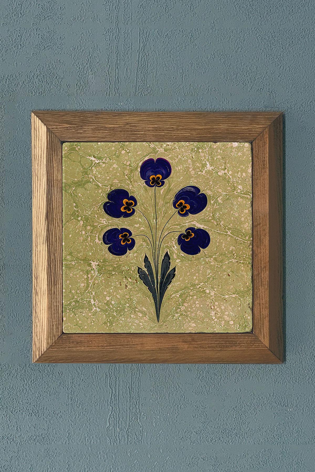EBRULİ ÇİÇEK DESEN AHŞAP Çerçeveli Taş Tablo-Wall Decor- Oscar Stone Decor 28X28 CM