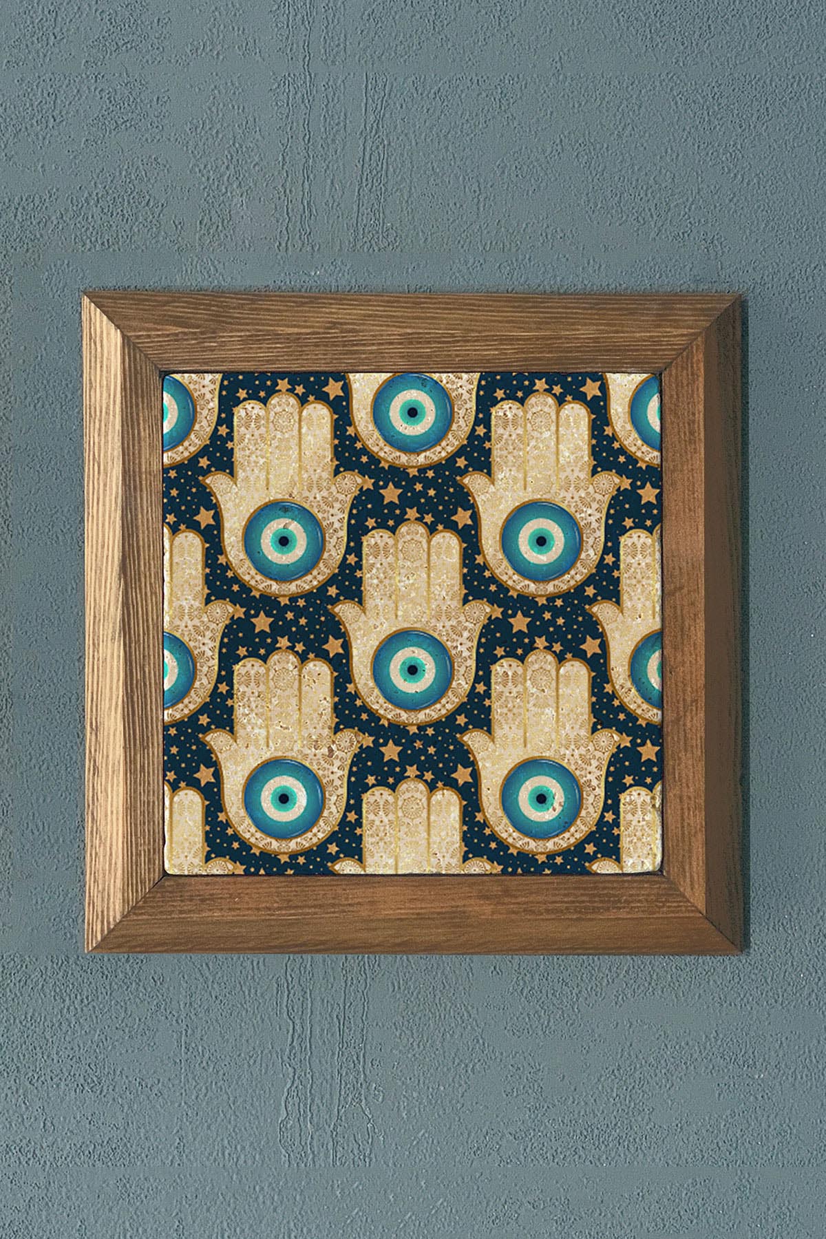 FATMA ANA ELİ- NAZAR TEMALI Masif Çerçeveli Taş Tablo-Oscar Stone Decor 28X28 CM